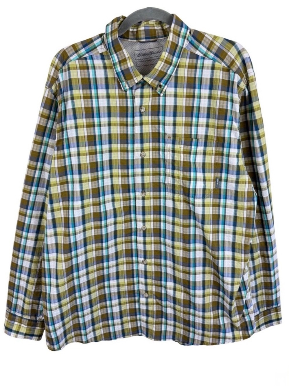 Eddie Bauer Mens XL Plaid Button Down Shirt Long Sleeve Green Blue Hiking Mesh